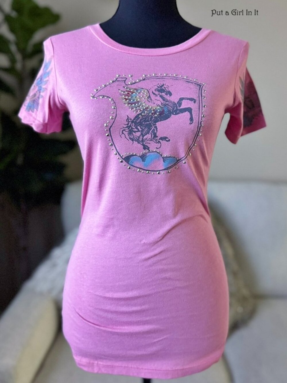 Vocal Apparel Women's Studded Pink Pegasus Rainbow Wings Horse Crown Shirt S M L